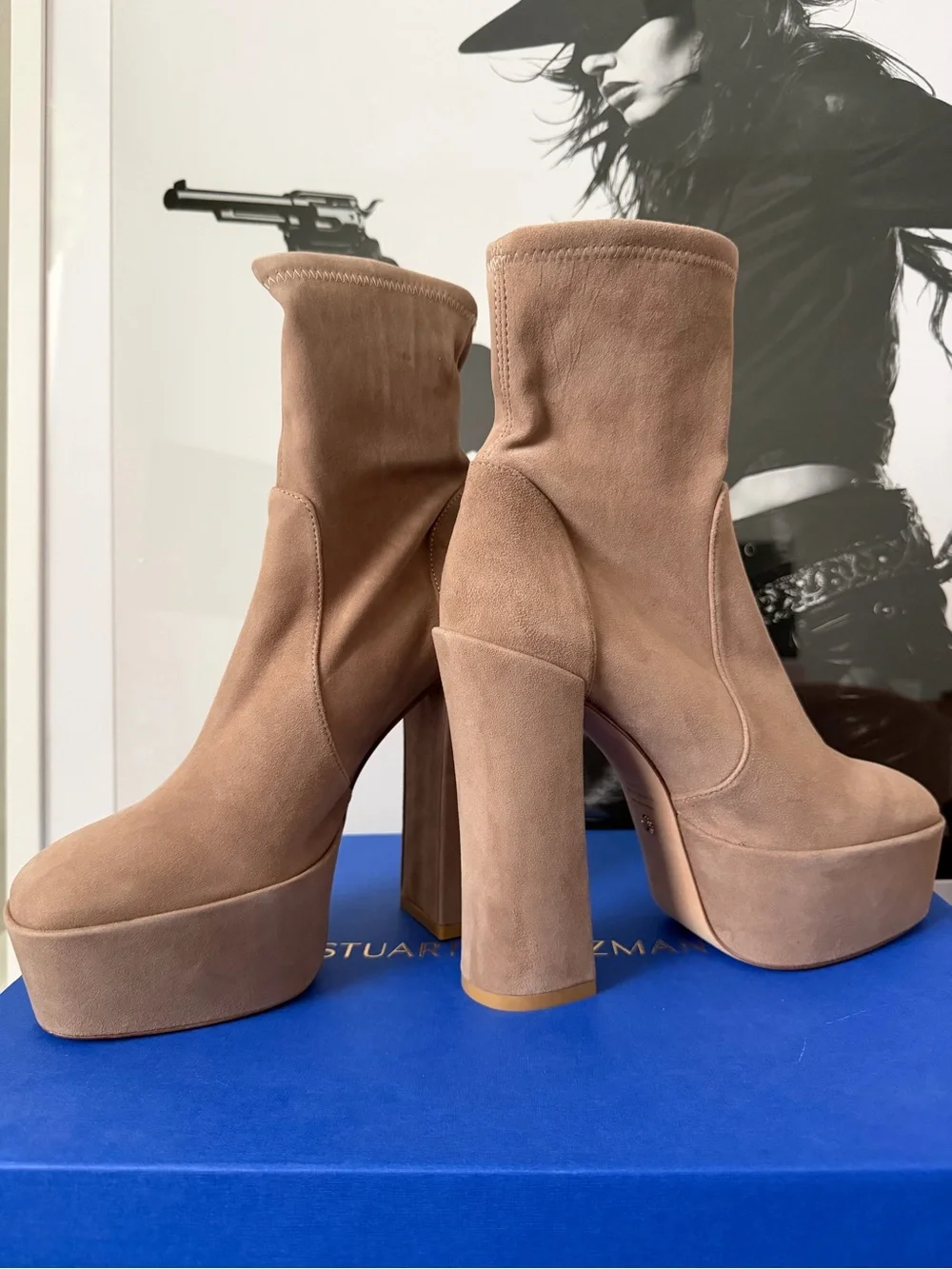Stuart Weitzman SkyHigh Platform Boot in Cashmere, 8 - Box + Dustbag